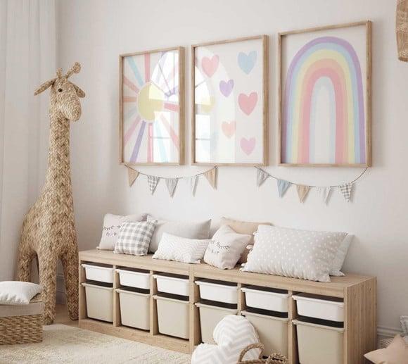 Kit 3 Quadros Moldura Boho Love Sol Arco-iris Cor Pastel A3