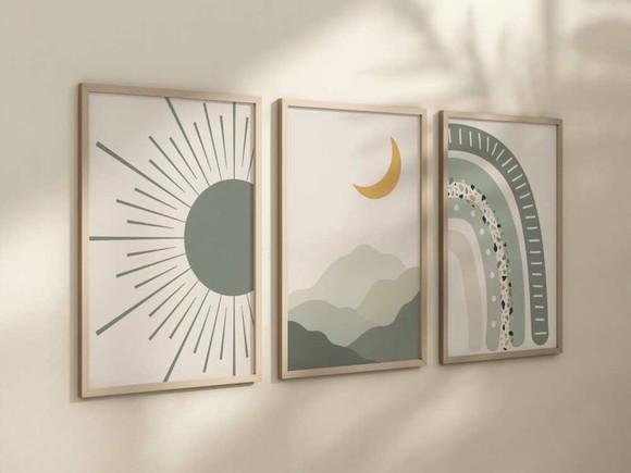 Kit 3 Quadros Decorativos Boho Sol Arco-íris Lua A4