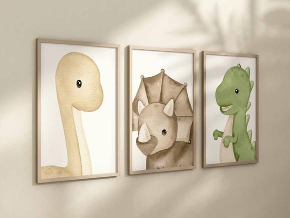 Kit 3 Quadros Decorativos Moldura Dinossauro Baby A4 24x34