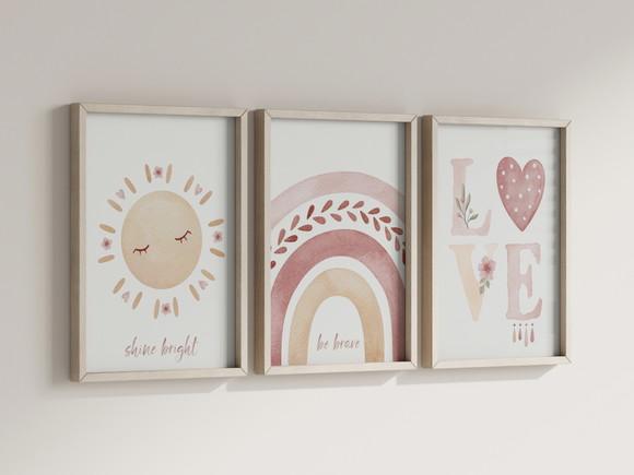 Kit 3 Quadros Decorativo Moldura Boho Love Sol Arco-iris