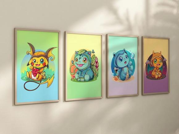 Kit 4 Quadros Decorativos Moldura Pokémon Decorar Baby