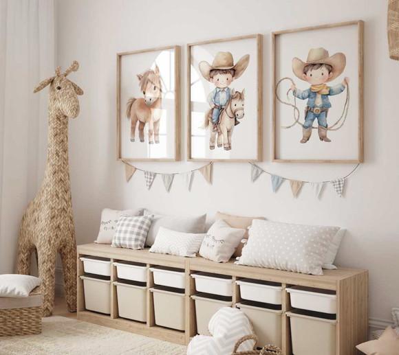 Kit 3 Quadros Decorativo Moldura Menino Fazendinha Cowboy A3
