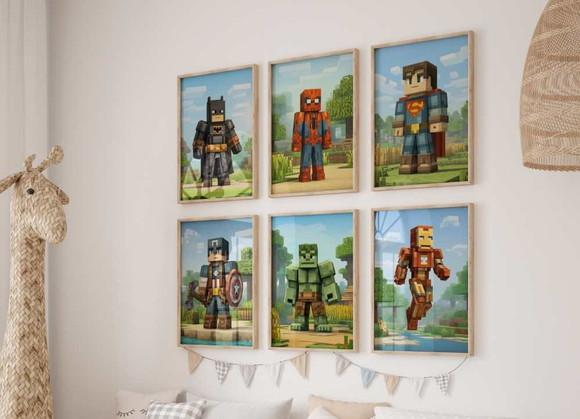 Kit 6 Quadros Decorativos Moldura Minecraft Super-heróis A3