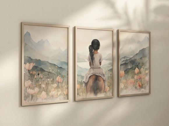Kit 3 Quadros Decorativo Menina Aventureira Cavalo Arte B