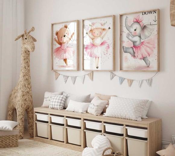 Kit 3 Quadros Decorativos Animais Menina Bailarina A3