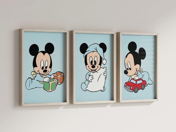 Kit 3 Quadros Decorativos Moldura Mickey Baby Maternidade