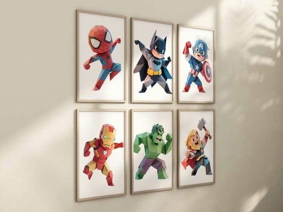 Kit 6 Quadros Decorativos Moldura Super-heróis Origami A4