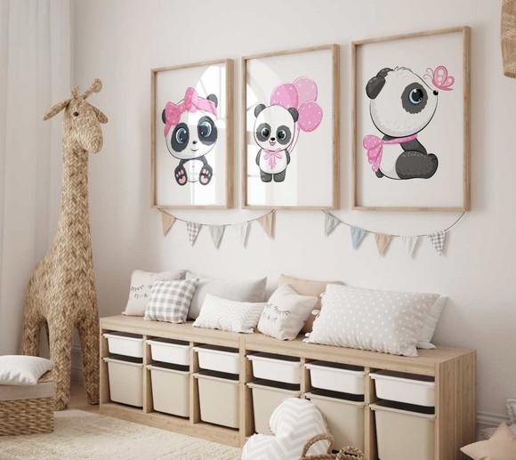 Kit 3 Quadros Decorativo Moldura Ursinhas Panda Rosa A3