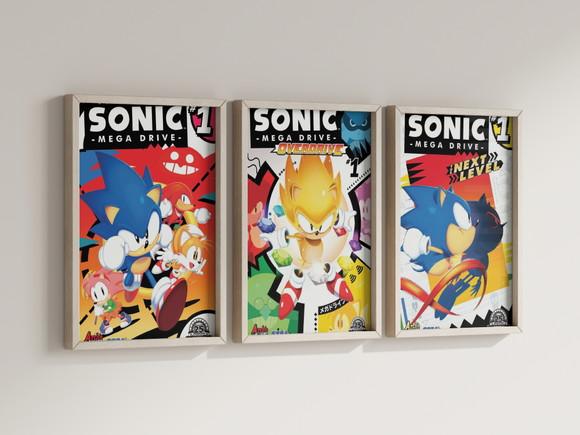 Kit 3 Quadros Decorativos Moldura Sonic Mega Drive