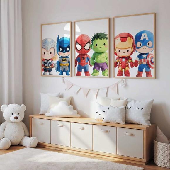 Kit 3 Quadros Decorativos Moldura Super-heróis Baby 40x60