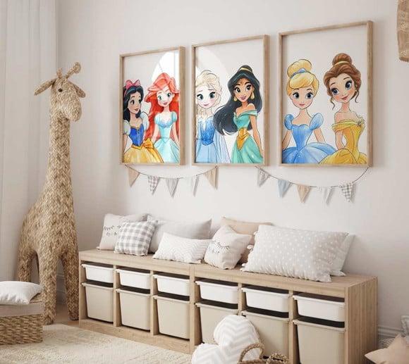 Kit 3 Quadros Decorativo Moldura Princesas Moderna A3
