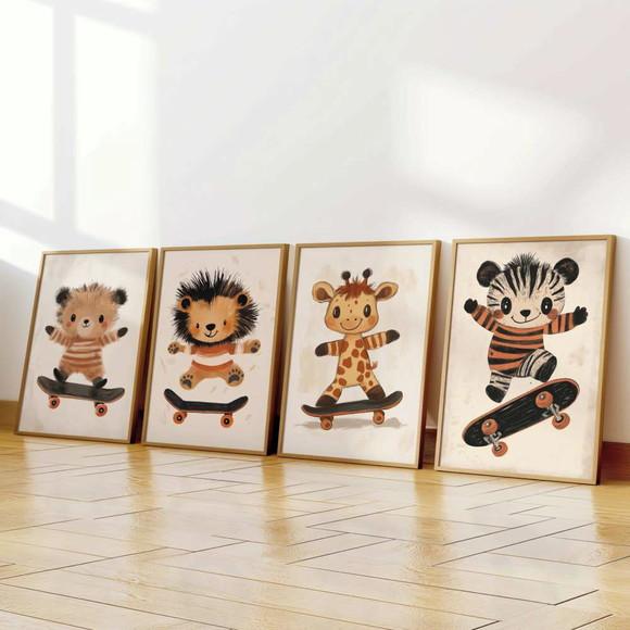 Kit 4 Quadros Decorativos Moldura Bebe Safari Skate Animal