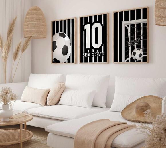 Kit 3 Quadros Decorativos Futebol Nome Preto Branco A3