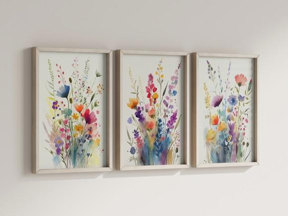 Kit 3 Quadros Decorativo Moldura Flores Aquarela Decorar c