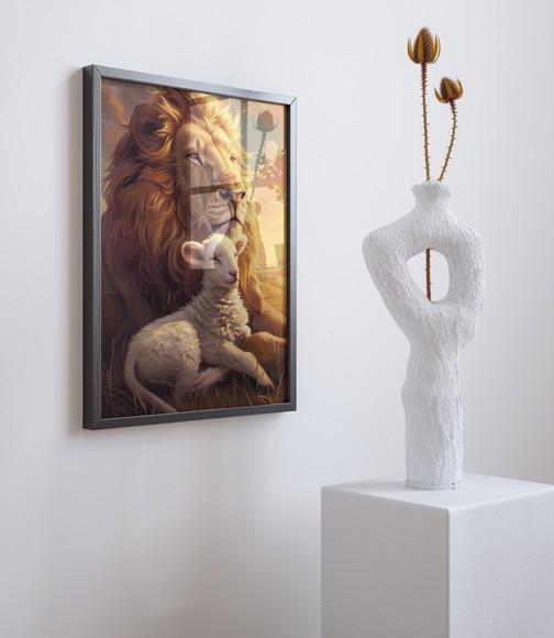 Quadro Decorativo com Moldura Leão e Ovelha Bom Pastor A3 B