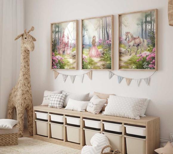 Kit 3 Quadros Decorativos Princesa Cavalo Castelo A3