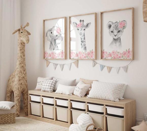 Kit 3 Quadros Decorativos Moldura Bebe Safari Menina A3