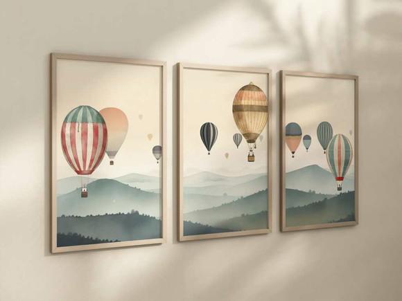 Kit 3 Quadros Decorativo Moldura Boho Balão Berçário Bebê