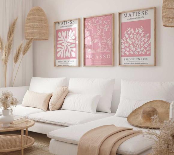 Kit 3 Quadros Decorativos Moldura Matisse Picasso Rosa A3