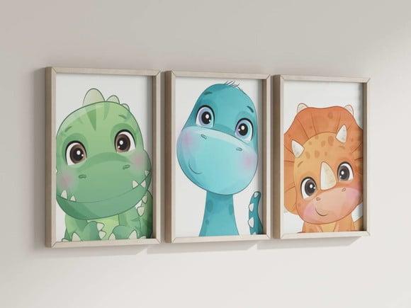 Kit 3 Quadros Decorativos Moldura Dinossauro Baby