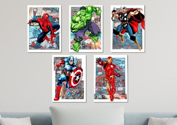 Kit 5 Placas Decorativas Quadro Super-heróis Quadrinhos