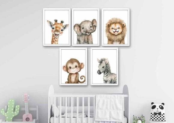 Kit 5 Quadros Decorativos Bebe Safari Animal Feliz A3