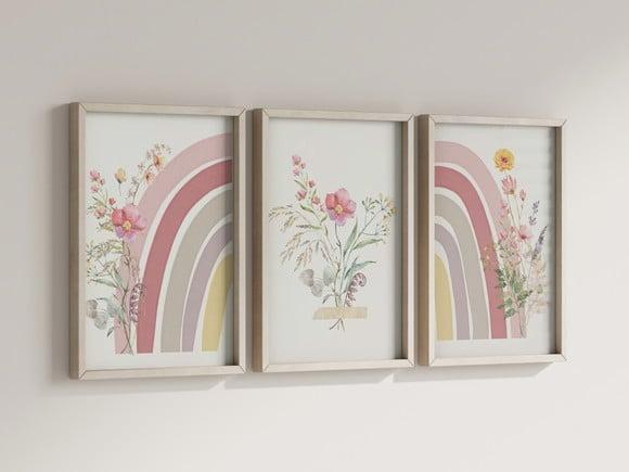 Kit 3 Quadros Boho Flores Arco-iris Quarto Infantil