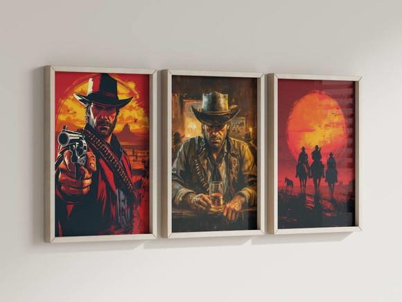 Kit 3 Quadros Moldura Red Dead Redemption Arthur Morgan