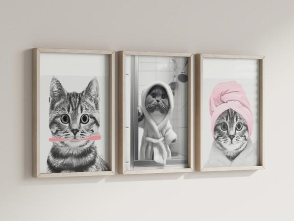 Kit 3 Quadros Decorativos Moldura Gato Banho Banheiro
