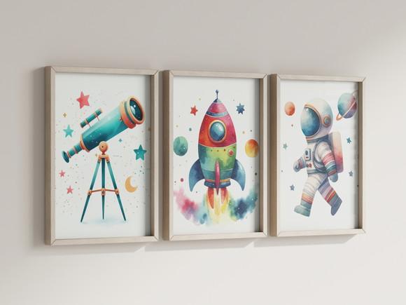 Kit 3 Quadros Decorativo Moldura Astronauta Infantil