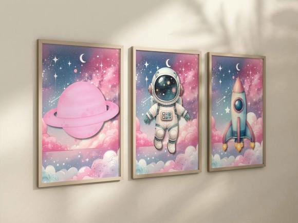 Kit 3 Quadros Decorativo Moldura Astronauta Menina A4