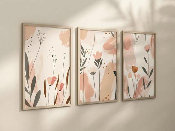 Kit 3 Quadros Decorativo Moldura Flores em Aquarela A4