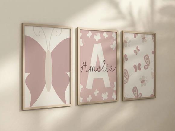 Kit 3 Quadros Moldura Borboleta Berçário Flores c 24x34