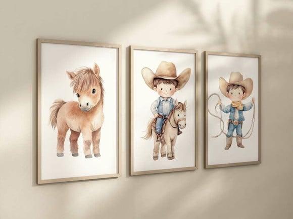 Kit 3 Quadros Decorativo Moldura Menino Fazendinha Cowboy A4