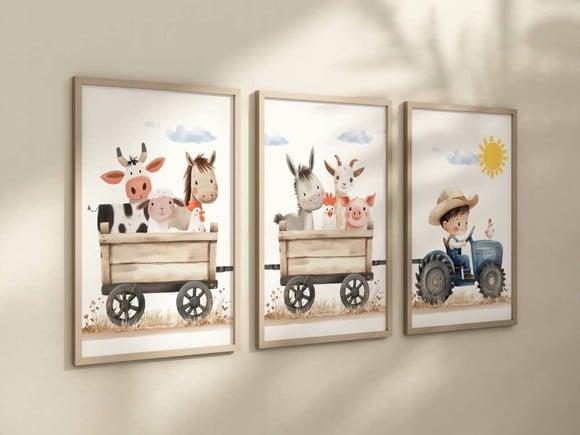 Kit 3 Quadros Decorativo Menino Carrinho Fazendinha A4
