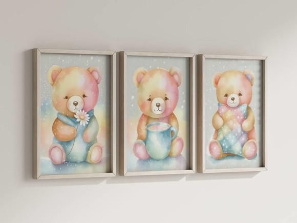 Kit 3 Quadros Decorativos Moldura Ursinho Pelúcia Arte