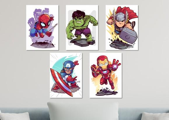 Kit 5 Placas Decorativas Quadro Super-heróis Vingadores Arte