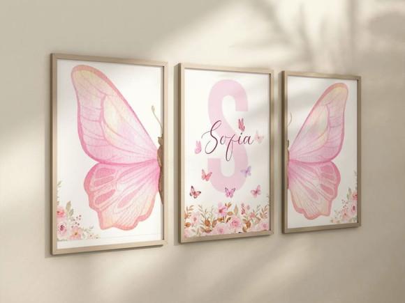 Kit 3 Quadros Moldura Borboleta Berçário Flores B 24x34