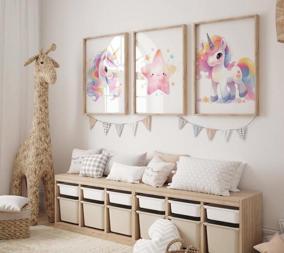 Kit 3 Quadros Decorativos Moldura Unicórnio Infantil A3