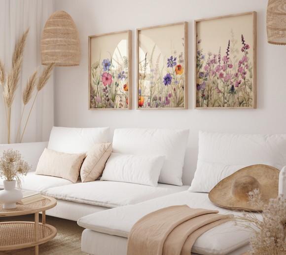 Kit 3 Quadros Decorativo Moldura Boho Flor Sala Quarto A3