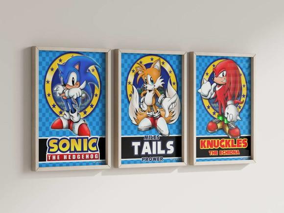 Kit 3 Quadros Decorativos Moldura Sonic Tails Knuckles Arte