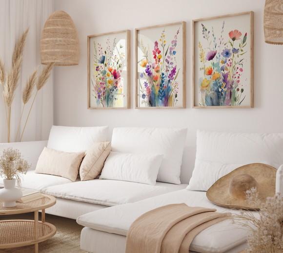 Kit 3 Quadros Decorativo Moldura Flores em Aquarela A3 c