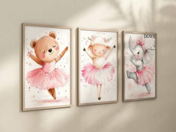 Kit 3 Quadros Decorativos Animais Menina Bailarina A4