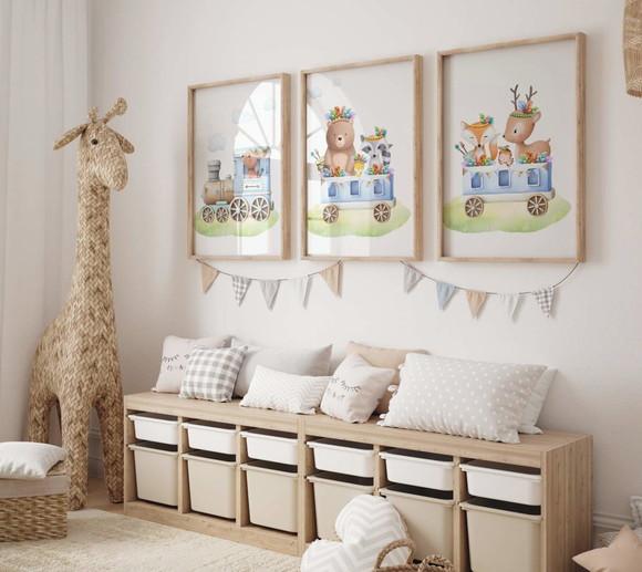 Kit 3 Quadros Decorativos Moldura Safari Trenzinho A3