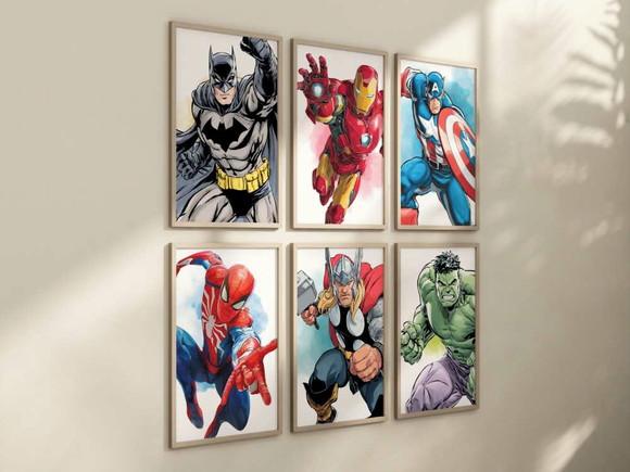 Kit 6 Quadros Decorativos Moldura Super-heróis A4