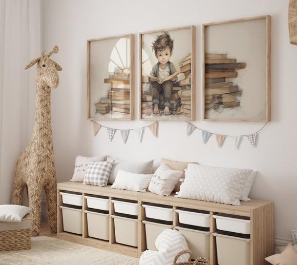 Kit 3 Quadros Decorativo Menino Livros Berçário A3