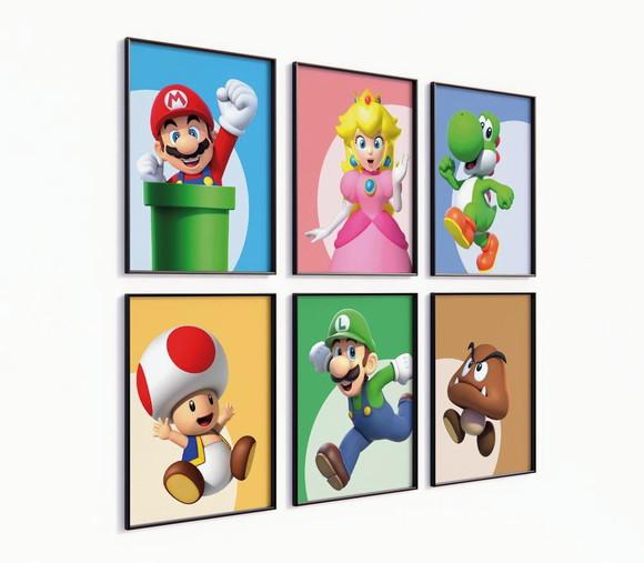 Kit 6 Quadros Decorativos Moldura Mario Personagens Arte e