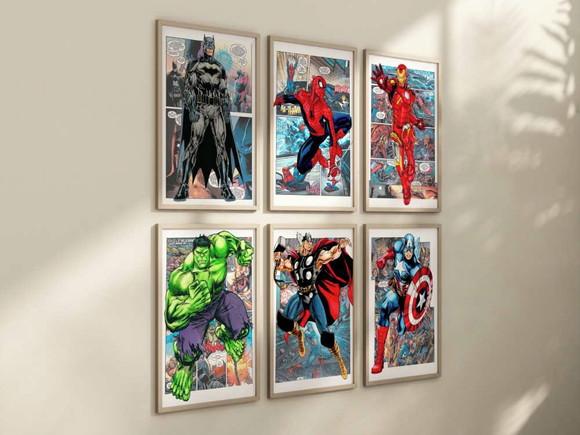 Kit 6 Quadros Decorativos Moldura Super-heróis A4