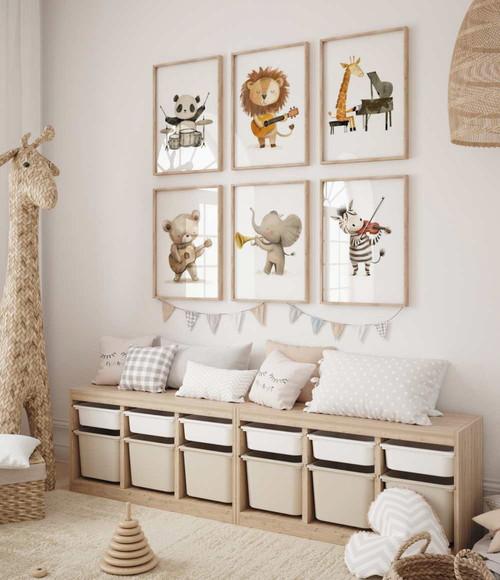 Kit 6 Quadros Decorativos Moldura Animais Musicais A3