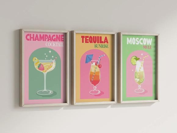 Kit 3 Quadros Decorativos Moldura Drinks Bebidas Coquetel